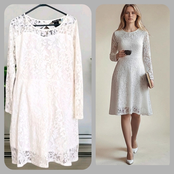 Ko-Ko-Ailis Dresses & Skirts - KoKo-Ailis White Lace Dress Midi Long Sleeve Keyhole Back 2X Party Wedding NWT